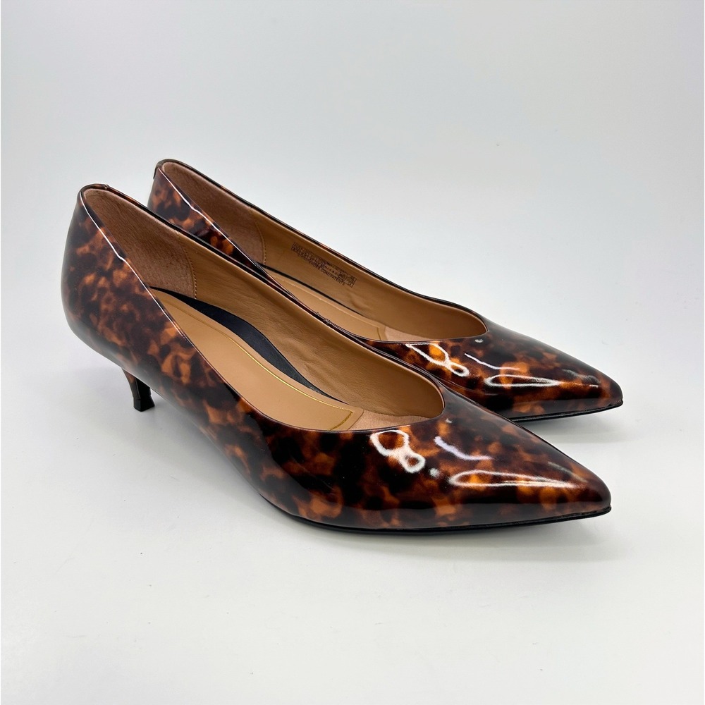 Vionic Josie Tortoise Pumps 8.5 Brown Patent Pointed Toe Kitten Heel NIB Party